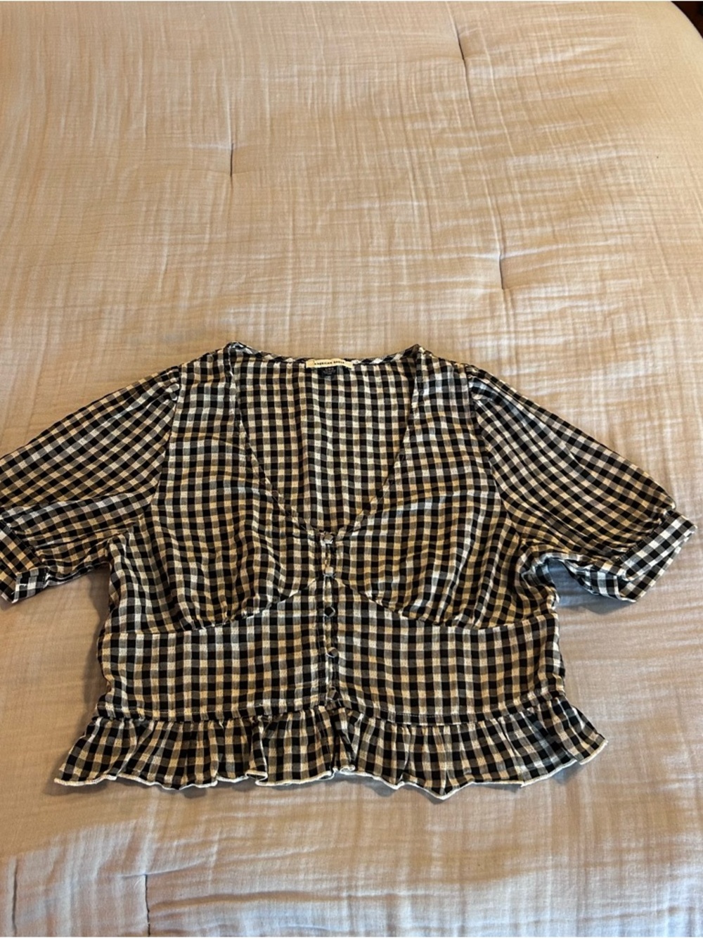 American Eagle Women’s Gingham Cotton Short Sleeve Button Front Top Sz Large